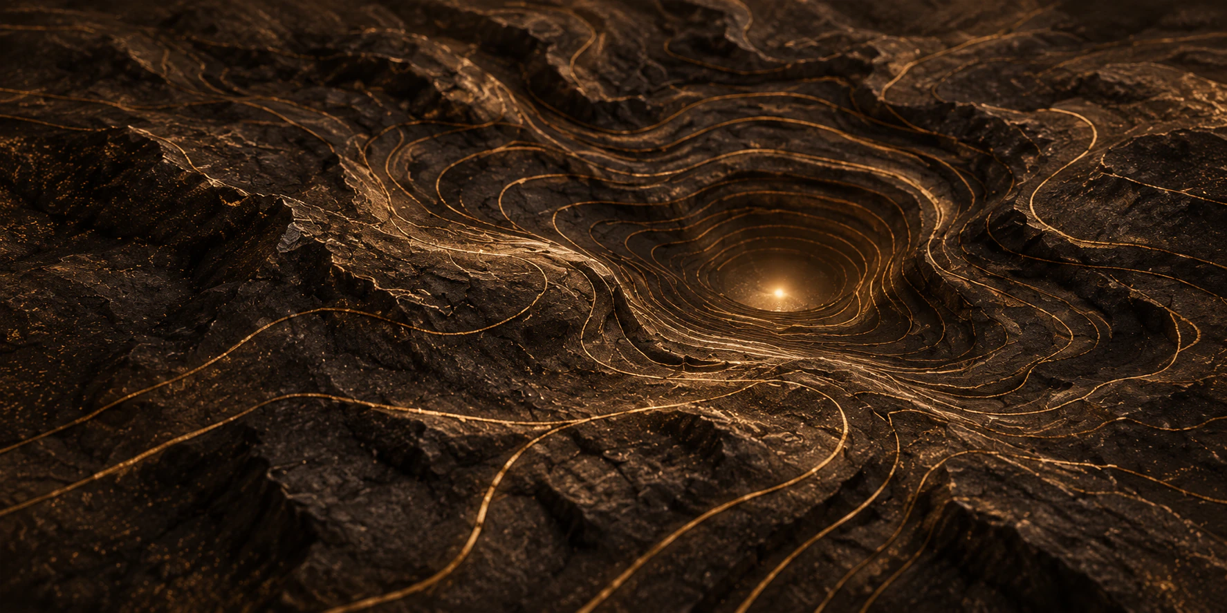 Eine dunkle Steinlandschaft mit goldenen Höhenlinien und einer leuchtenden Mitte