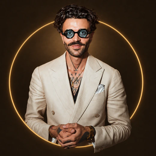 Artur im hellen Anzug vor einem goldenen Ring