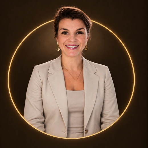 Nora im sandfarbenen Blazer, eingerahmt von einem goldenen Ring