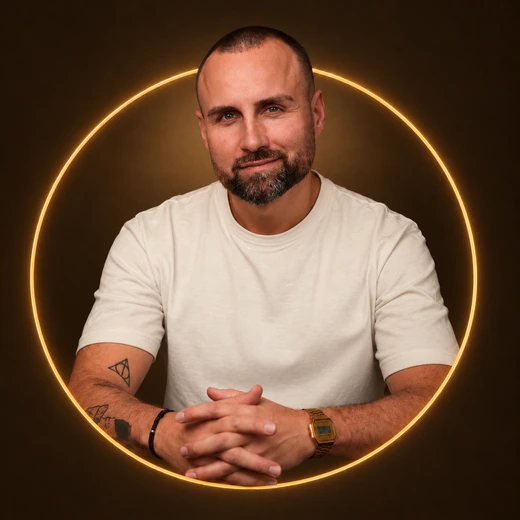 Pierre im weißen T-Shirt, eingerahmt von einem goldenen Ring