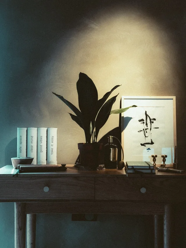 Holzkonsole mit Pflanze, Büchern und Kunst im warmen Licht.